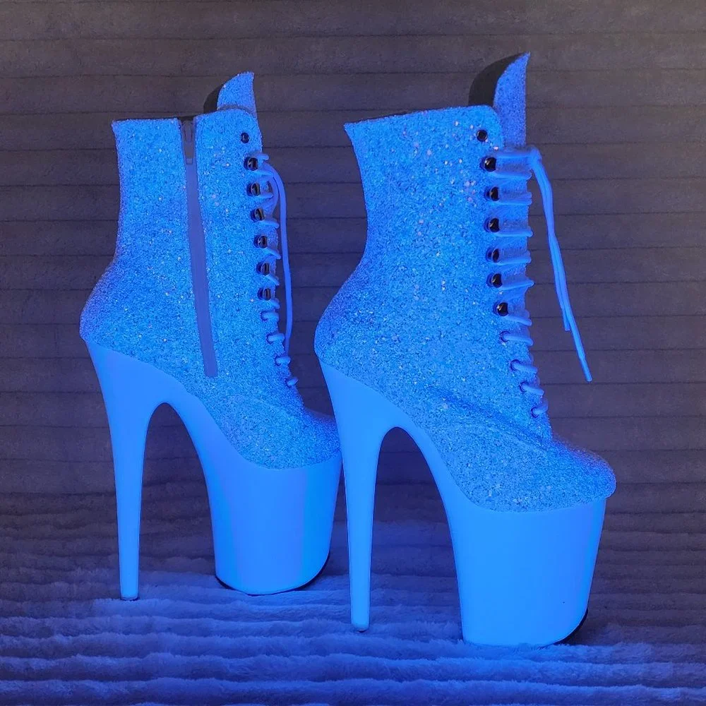 White Ice UV Glitter 8" Platform Heel Ankle Boots Flamingo - Picture 11 of 12